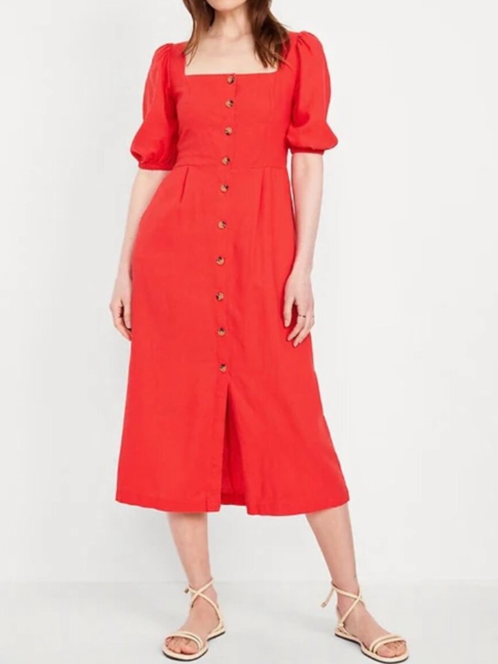 Old Navy Short Puff Sleeve Linen Button-Front Midi Dress Coral Red 2024 NWT-LT